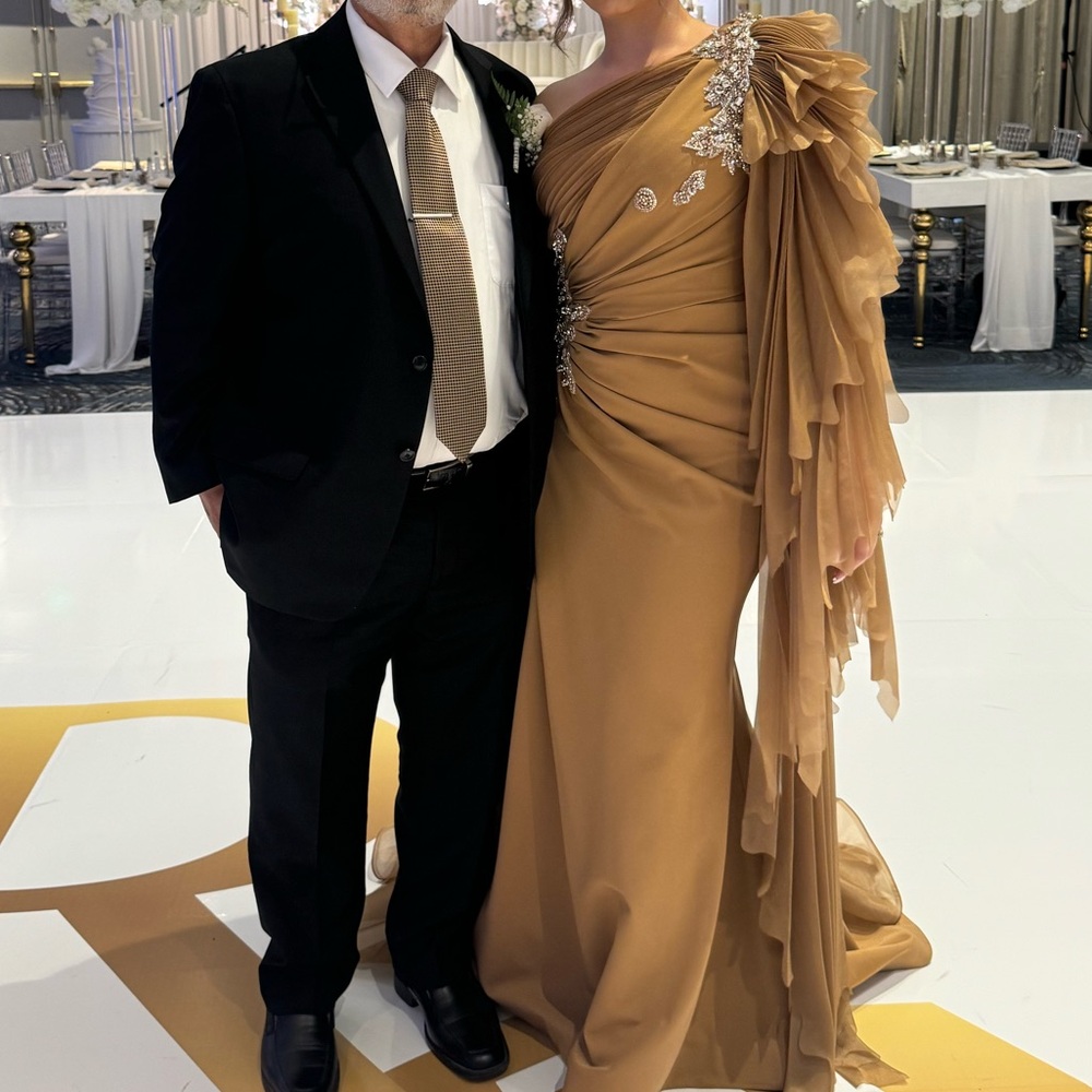 MNM Couture Tan One Shoulder Dress